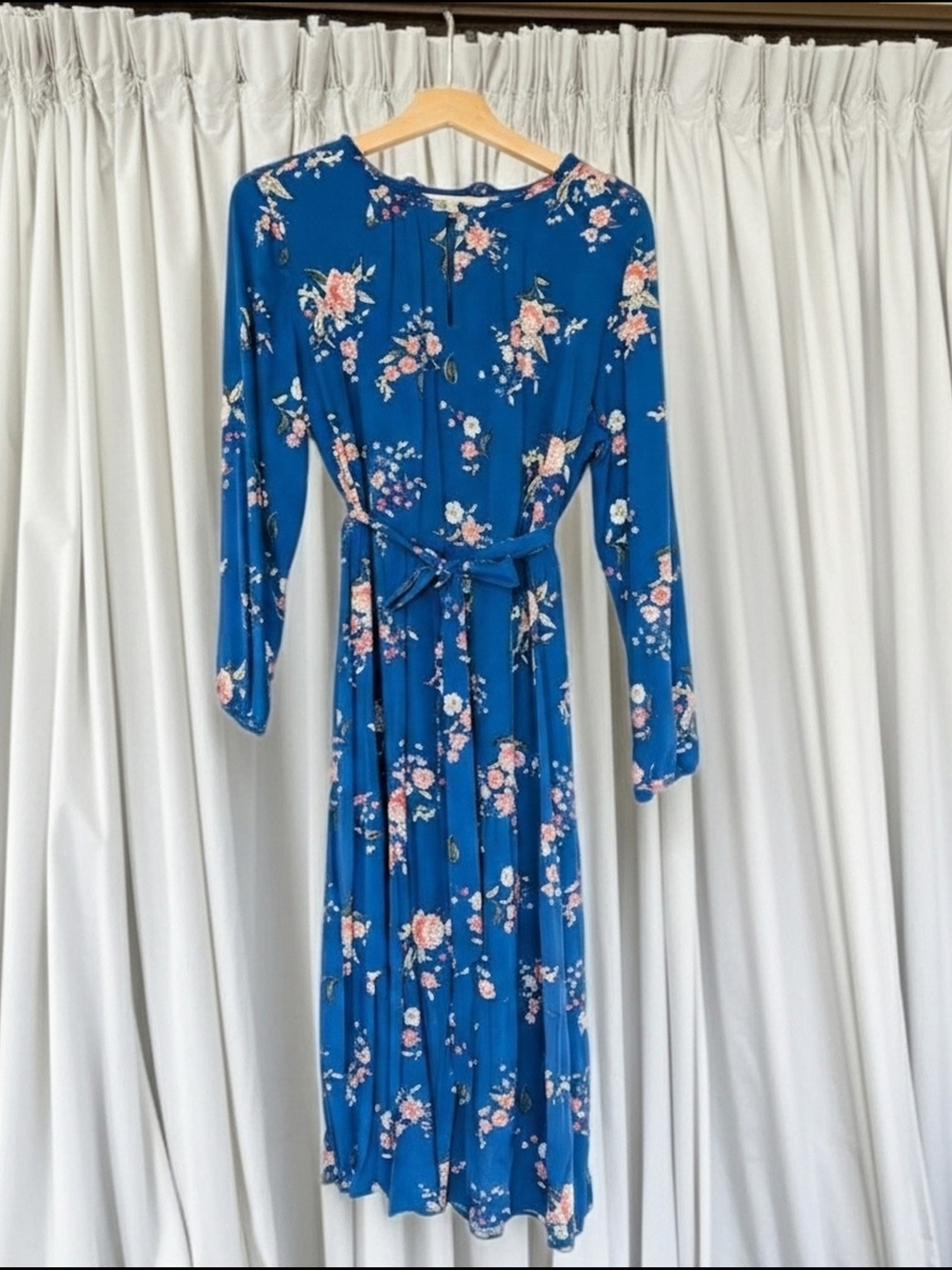 LOFT Blue Floral Long Sleeve Tie-Waist Dress with Pink Accents